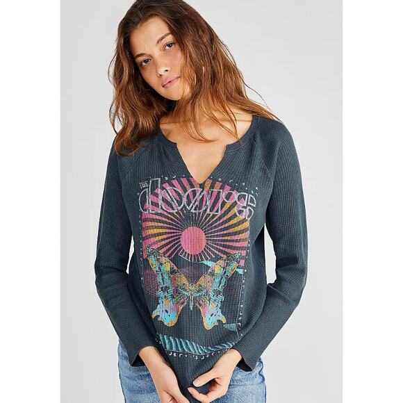 DAYDREAMER Free People Doors Butterfly Poster Thermal Knit Top Black Women's M - Picture 1 of 11